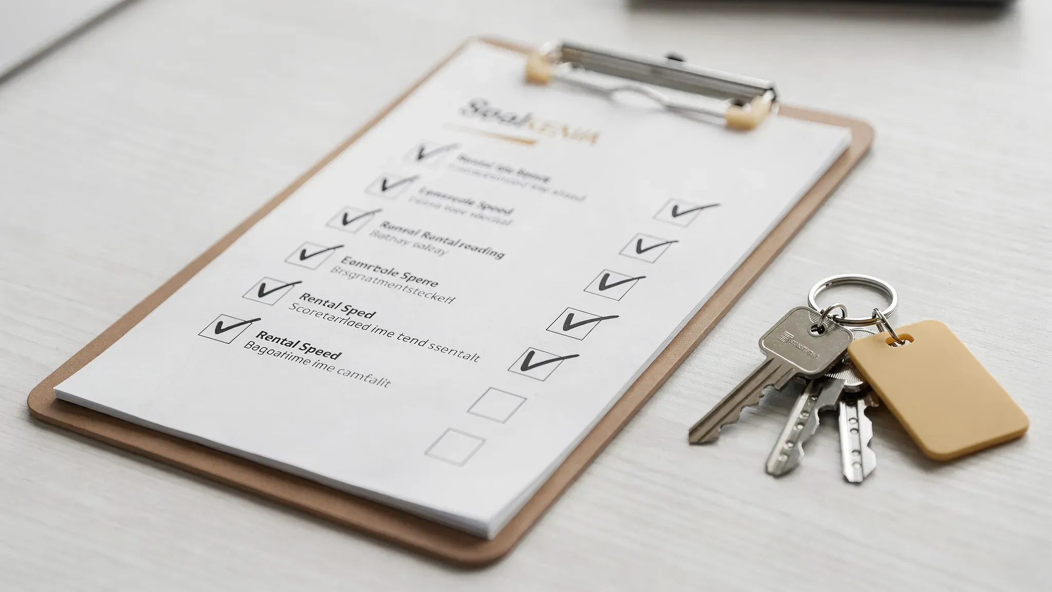 A clean checklist-style scorecard on a clipboard showing eight rental-speed categories with tick boxes and short notes, beside a set of apartment keys.