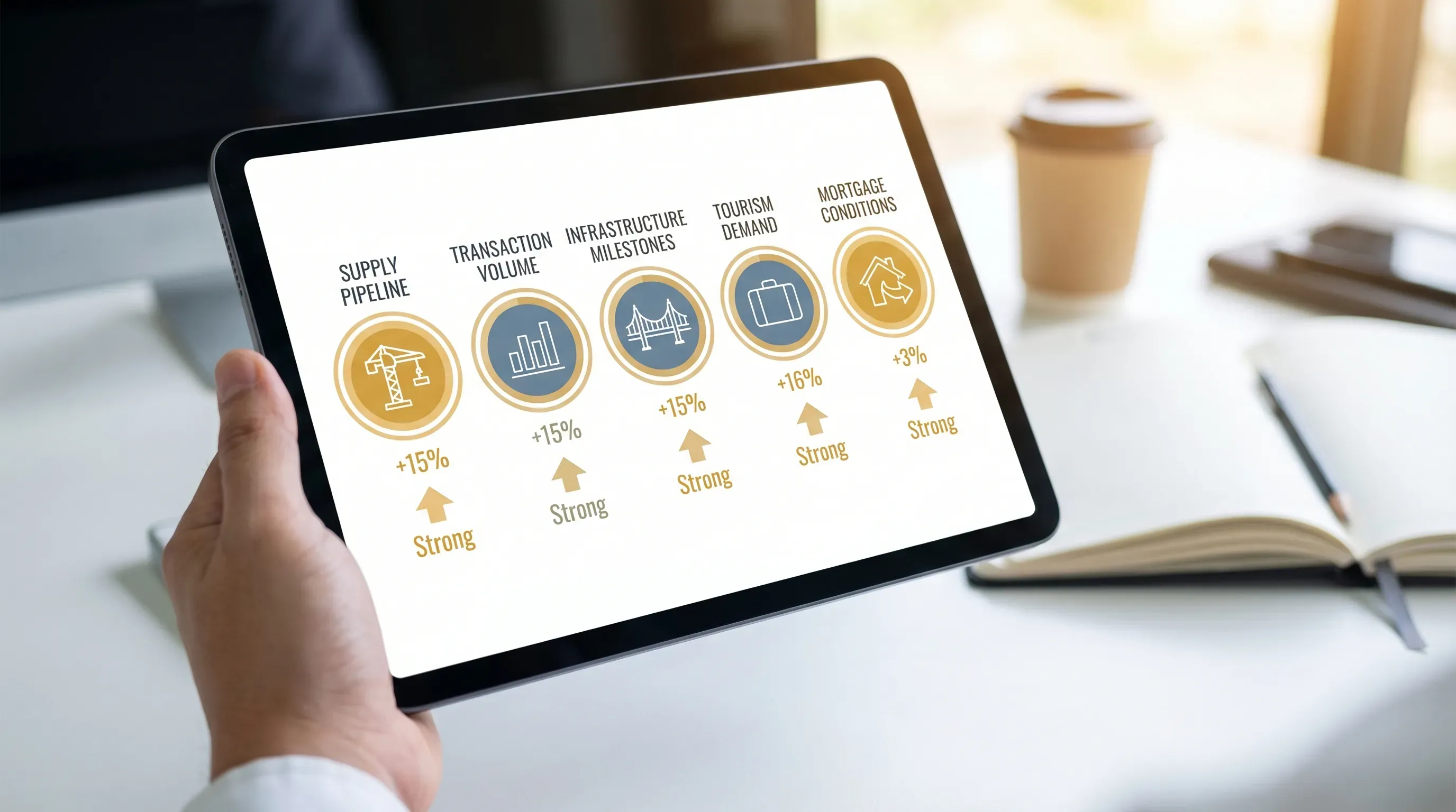 A simple dashboard-style graphic showing leading indicators for property price growth: supply pipeline, transaction volume, infrastructure milestones, tourism demand, and mortgage conditions.