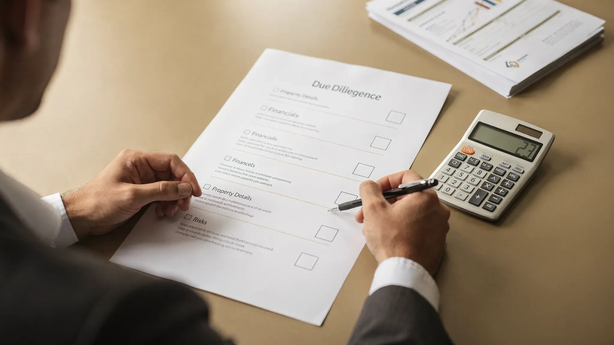 An investor reviewing a simple property due diligence checklist on paper, with a calculator and key documents on a desk, no visible brand names.