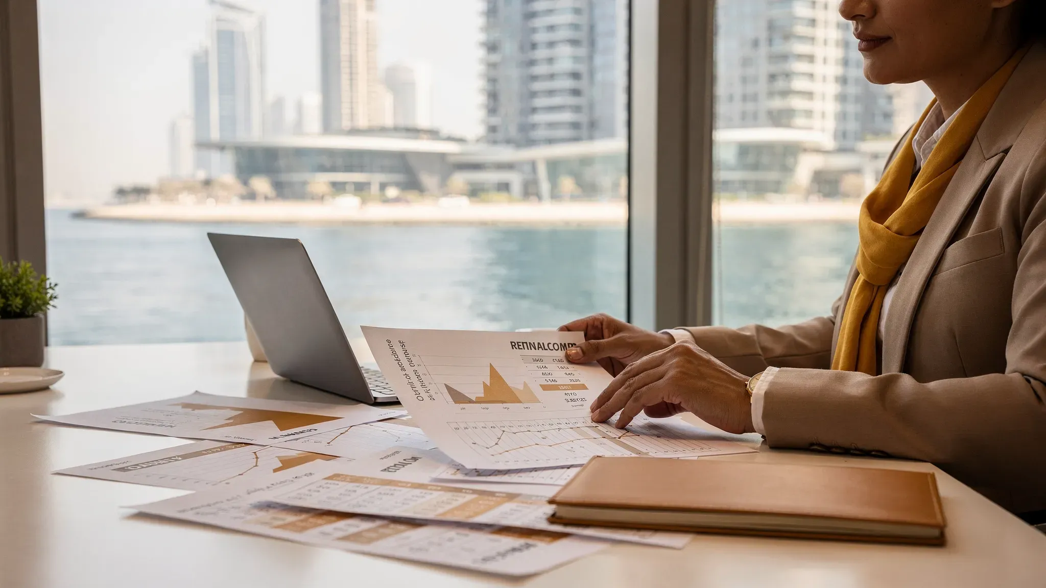 An investor reviewing printed market charts and a rental comp sheet at a desk, with a window view of a modern UAE waterfront skyline in the background.