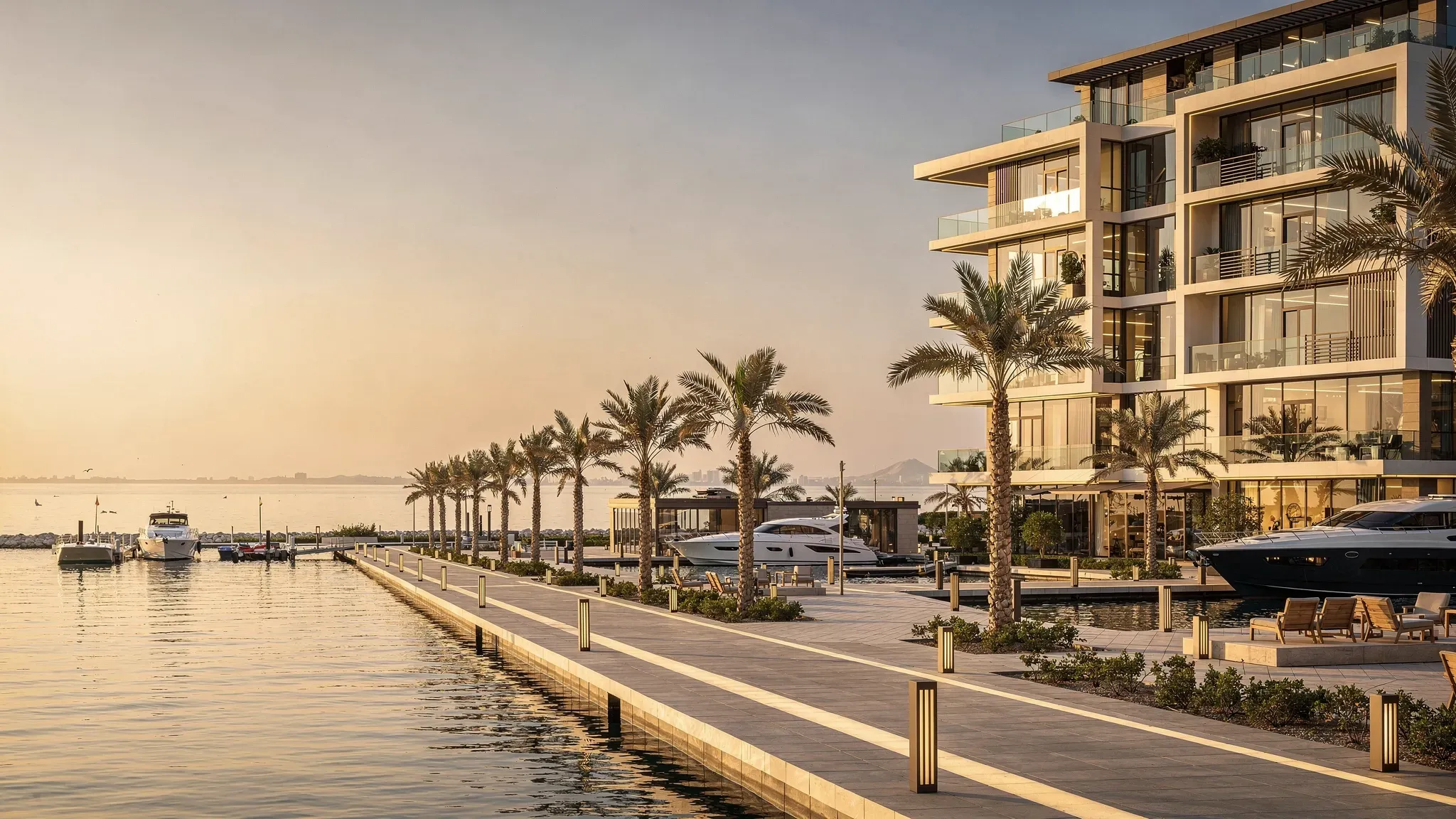 A modern luxury waterfront apartment building in Ras Al Khaimah with a calm sea view, palm-lined walkway, and nearby marina-style amenities.