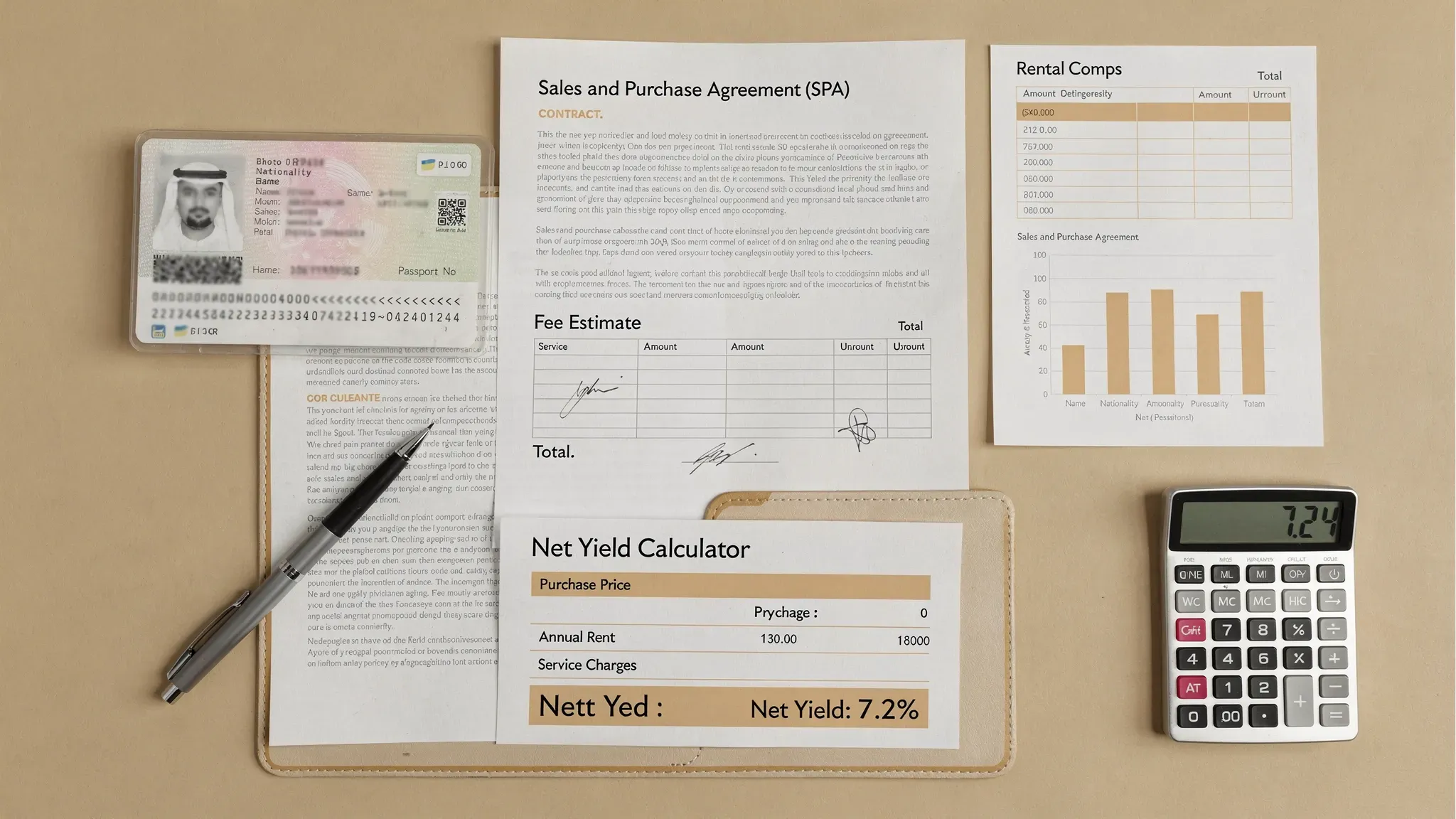 A flat-lay checklist scene showing a UAE property investor’s due diligence pack: passport copy, SPA document, fee estimate sheet, rental comps page, and a simple net yield calculator on paper, with a pen and calculator.