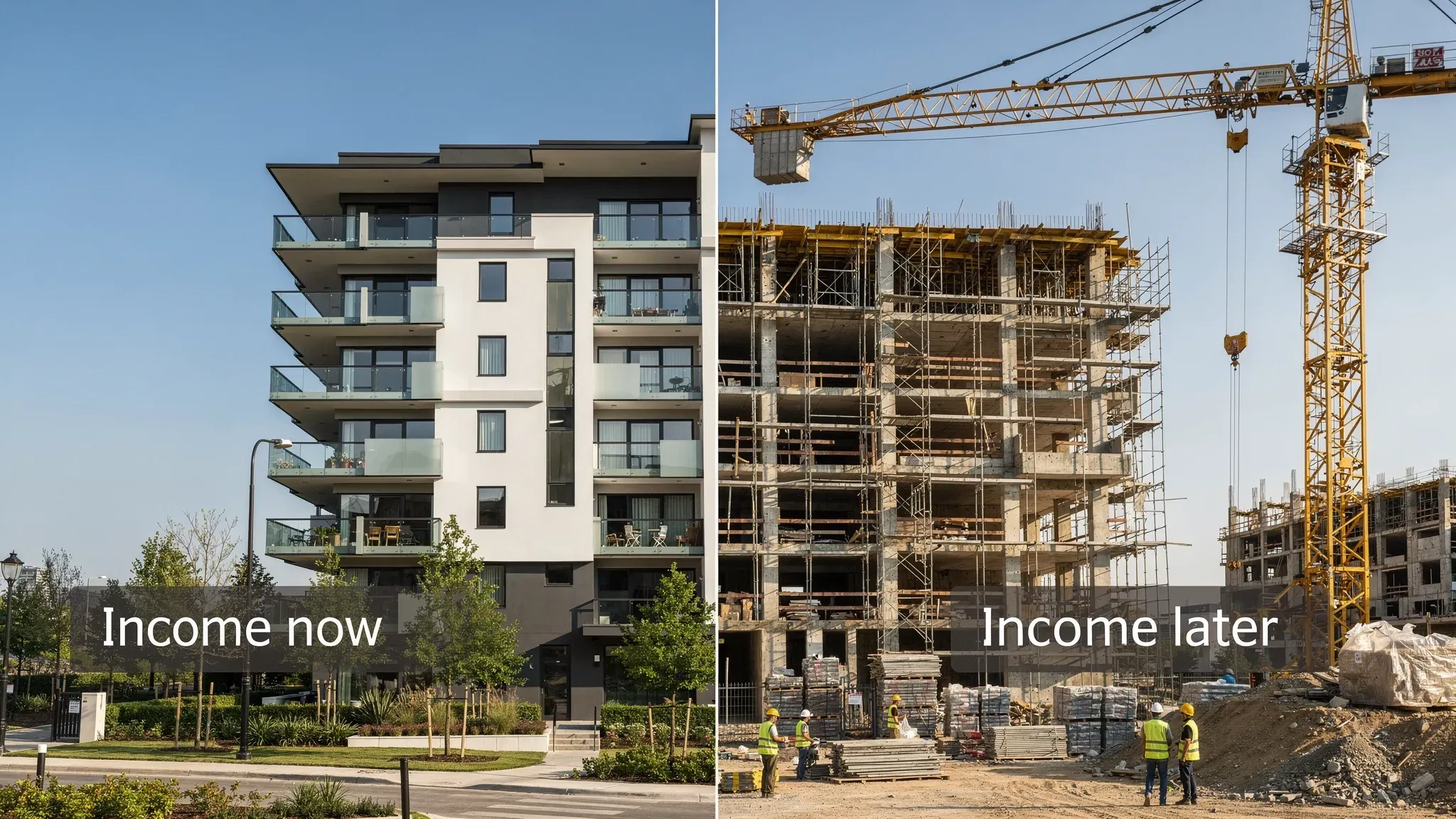 A split scene showing a completed apartment building on one side and an off-plan construction site with cranes on the other, with simple labels for income now vs income later.