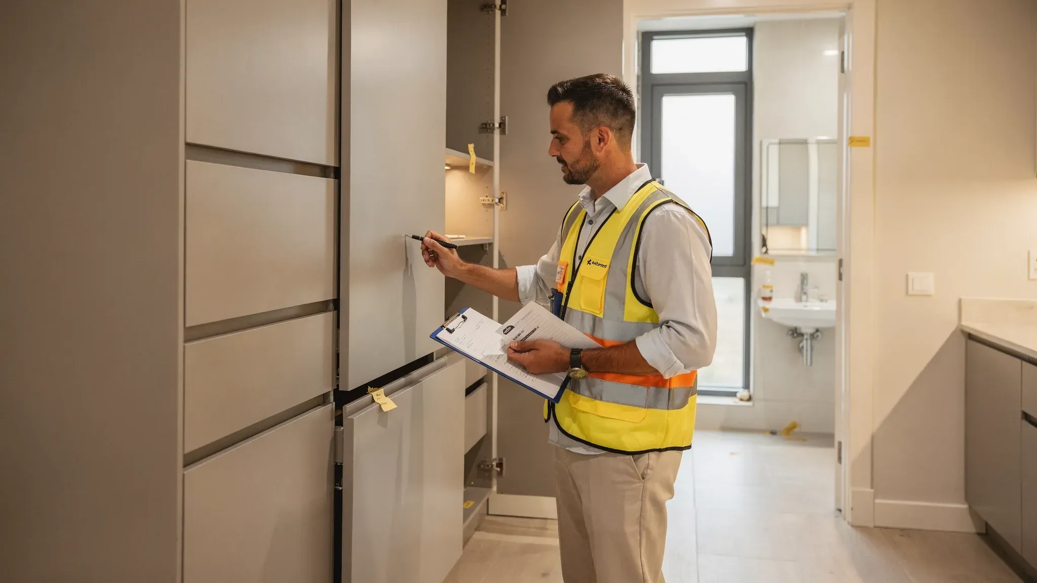 A property inspector conducting a snagging inspection in a newly completed apartment, checking kitchen cabinetry alignment, bathroom fixtures, window seals, and noting defects on a clipboard.