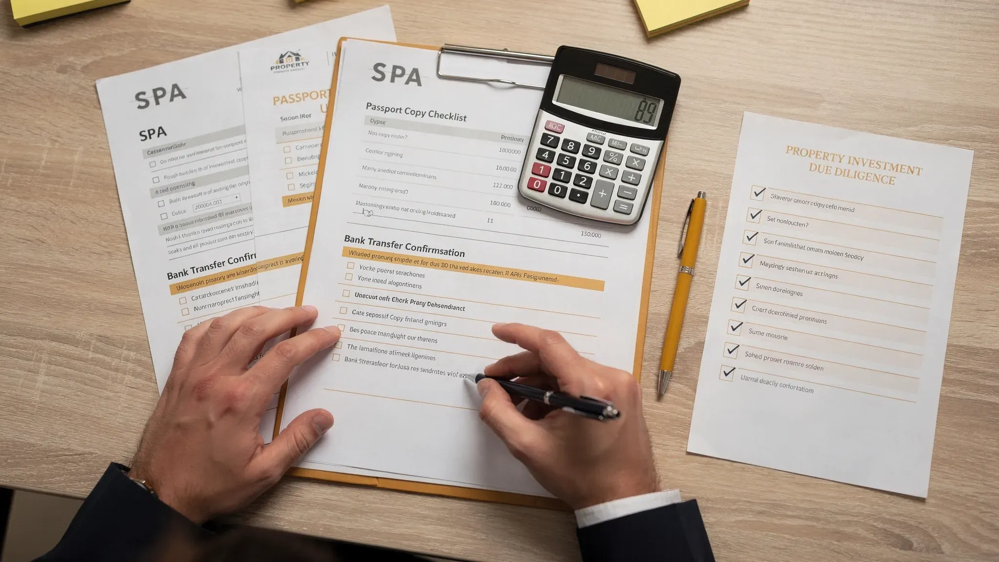 An investor review desk scene with printed UAE property documents (SPA, passport copy checklist, bank transfer confirmation), a calculator, and a simple checklist, conveying due diligence and signing readiness.
