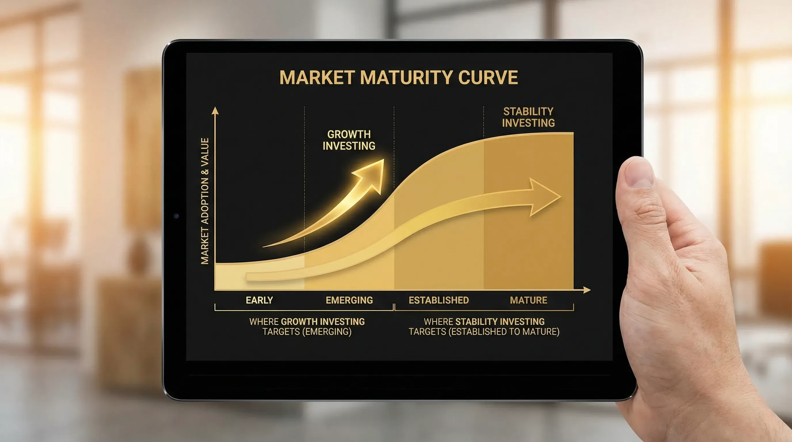 A simple “market maturity curve” diagram with four stages: Early, Emerging, Established, Mature, with arrows showing where growth investing typically targets (Emerging) and where stability investing targets (Established to Mature).