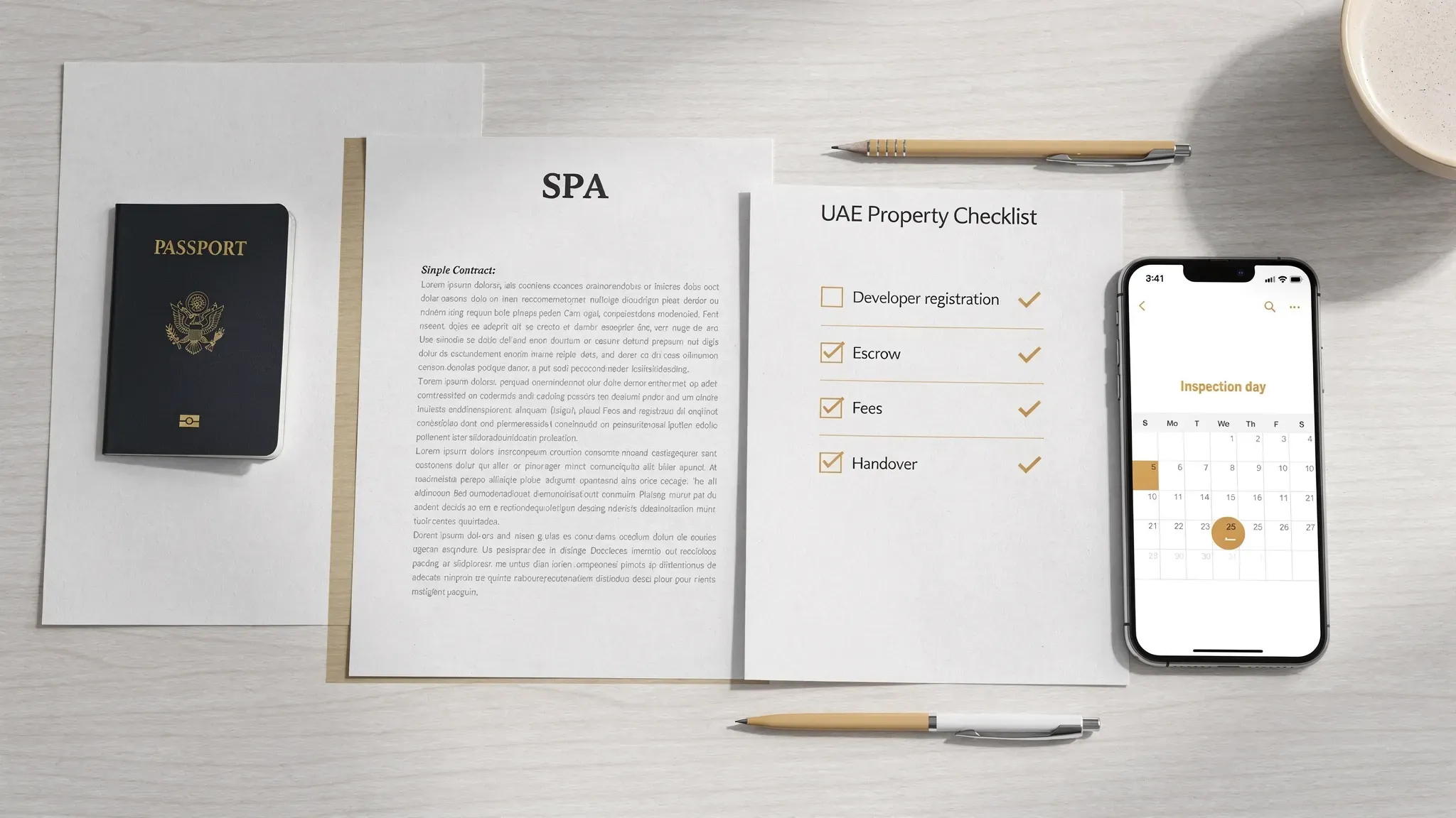 A clean desk scene with a buyer’s “UAE property checklist”: a passport, a simple contract labelled SPA, a checklist page with tick boxes (developer registration, escrow, fees, handover), and a phone showing a calendar for inspection day.