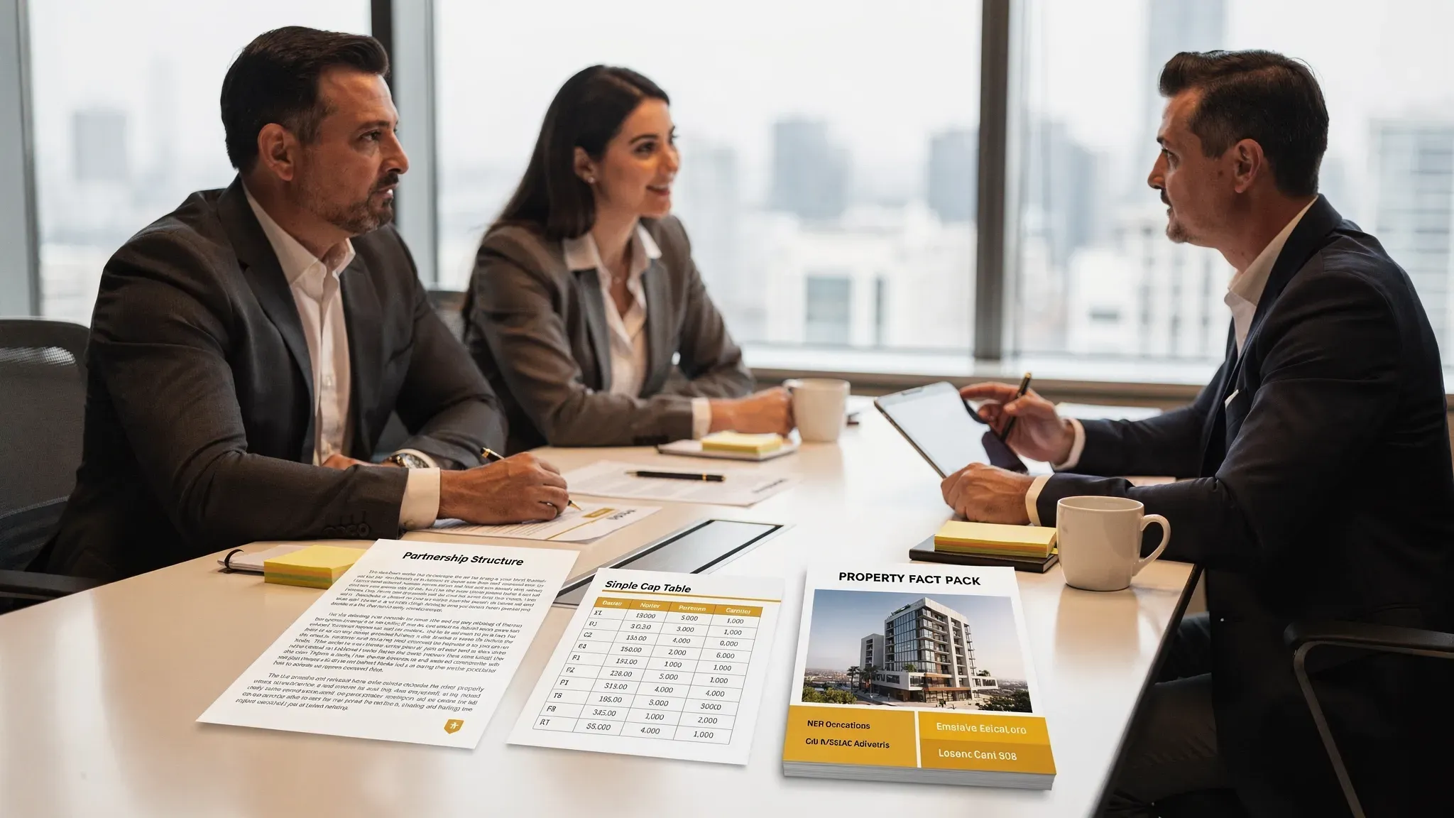 Two investors and a real estate adviser seated at a conference table reviewing a partnership structure document, with printed clauses, a simple cap table sheet, and a property fact pack visible on the table.